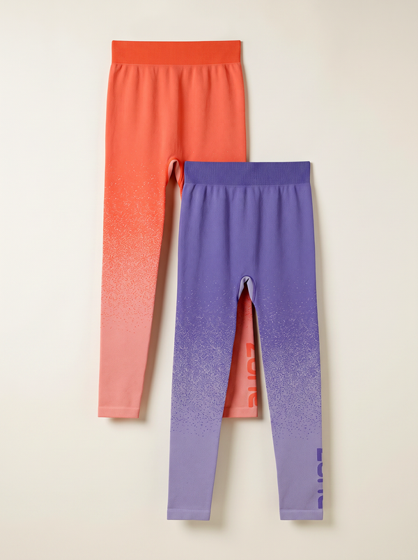 Girls Powerflex Seamless Leggings (BLUE IRIS/FLAME ORANGE) PACK OF 2