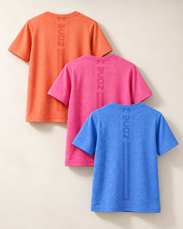 Runlite Seamless Activewear T-shirt (TWILIGHT BLUE/ORANGE/PINK) PACK OF 3