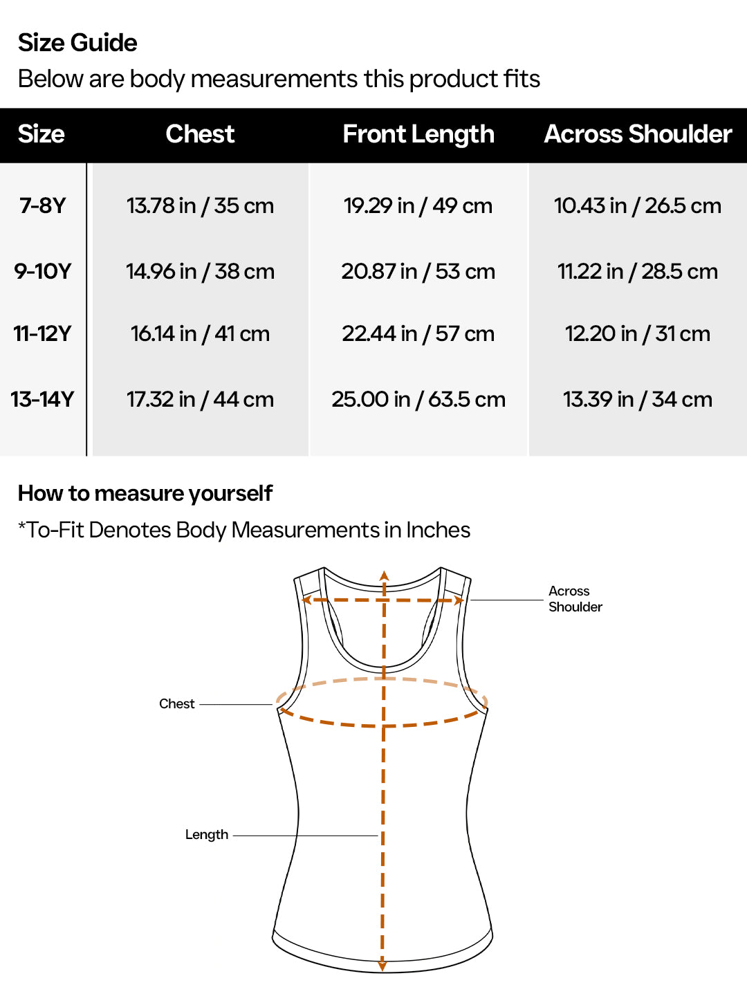 Size guide for a tank top with measurements in inches and centimeters.
