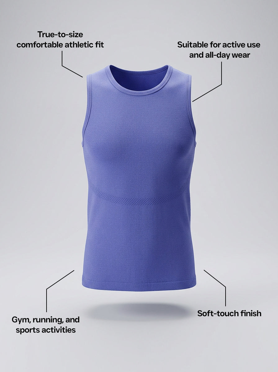 A girl wearing a purple vest with 'Zone' branding on a white background
