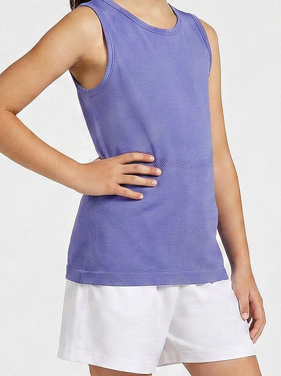 A girl wearing a purple vest with 'Zone' branding on a white background