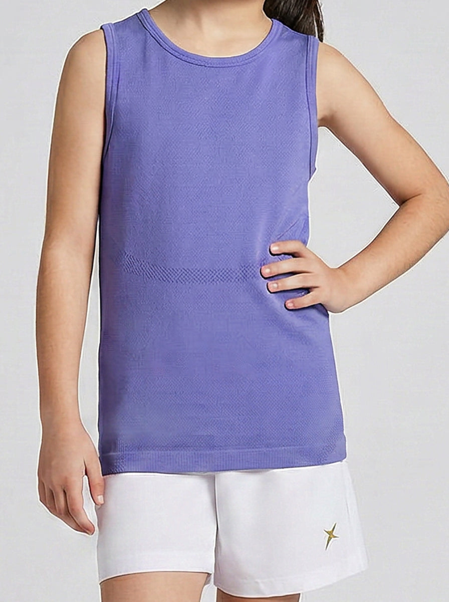 A girl wearing a purple vest with 'Zone' branding on a white background