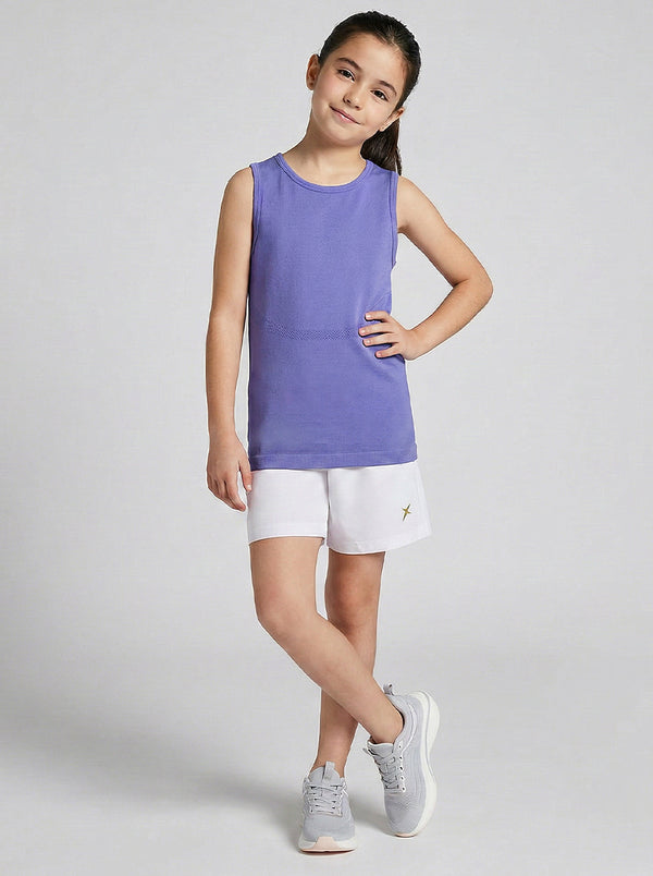 A girl wearing a purple vest with 'Zone' branding on a white background