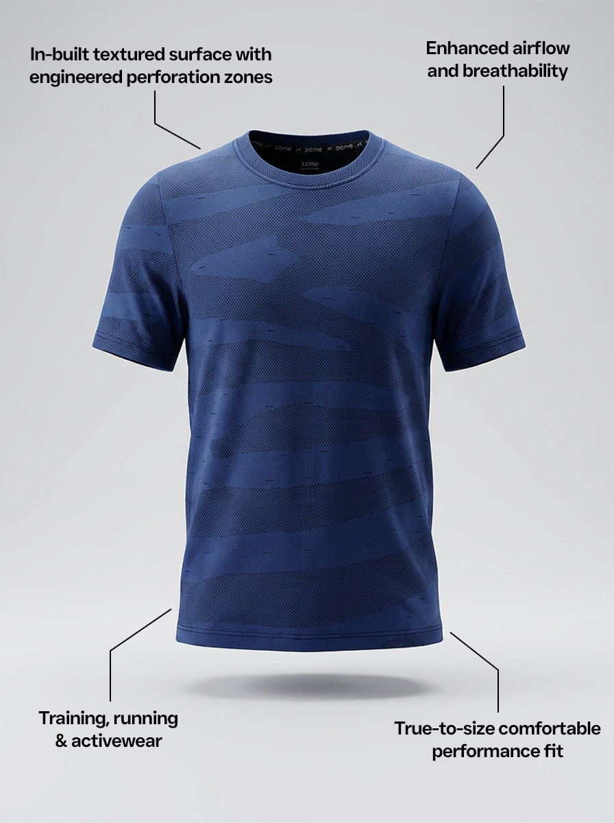 Blue sports t-shirt with text highlighting features on a gray background