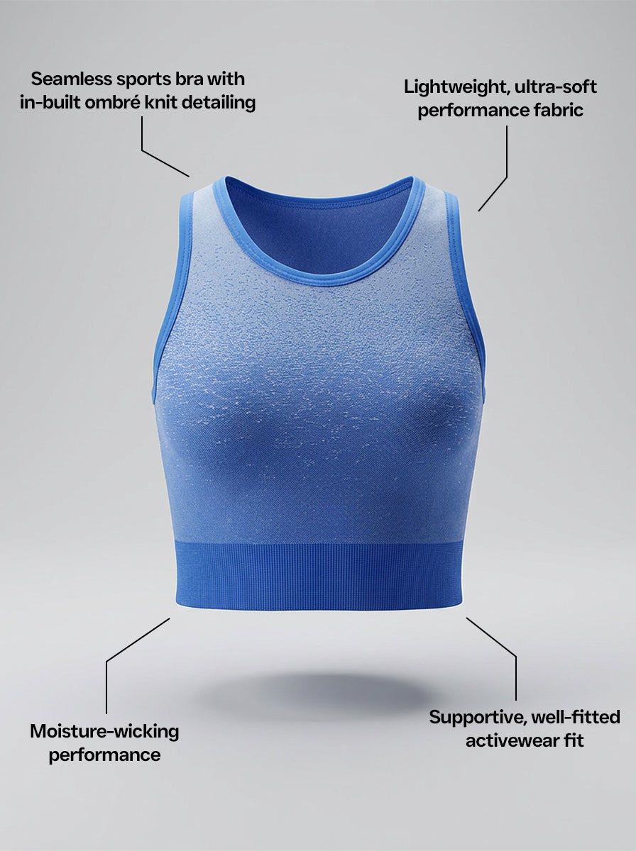 Blue sports bra with text highlighting features on a gray background