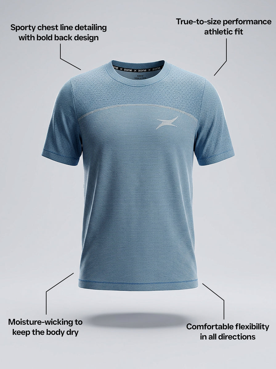 Blue sports t-shirt with brand logo on a light gray background