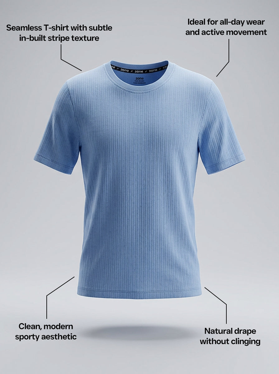 Blue t-shirt with text describing its features on a gray background