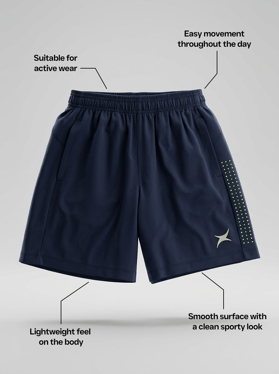 Navy blue shorts with text highlighting features on a gray background