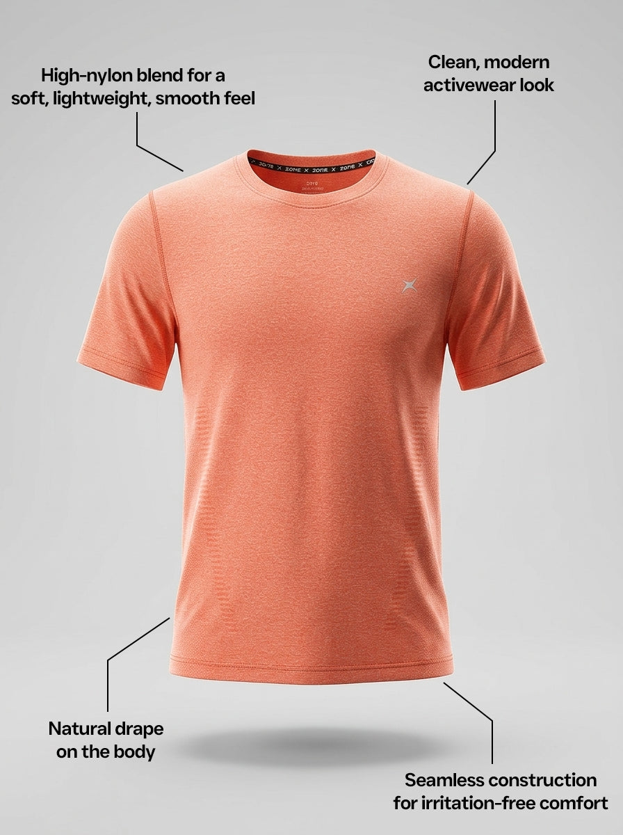 Orange t-shirt on a gray background with text describing features