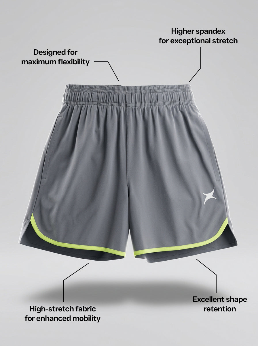 Gray sports shorts with features highlighted on a gray background