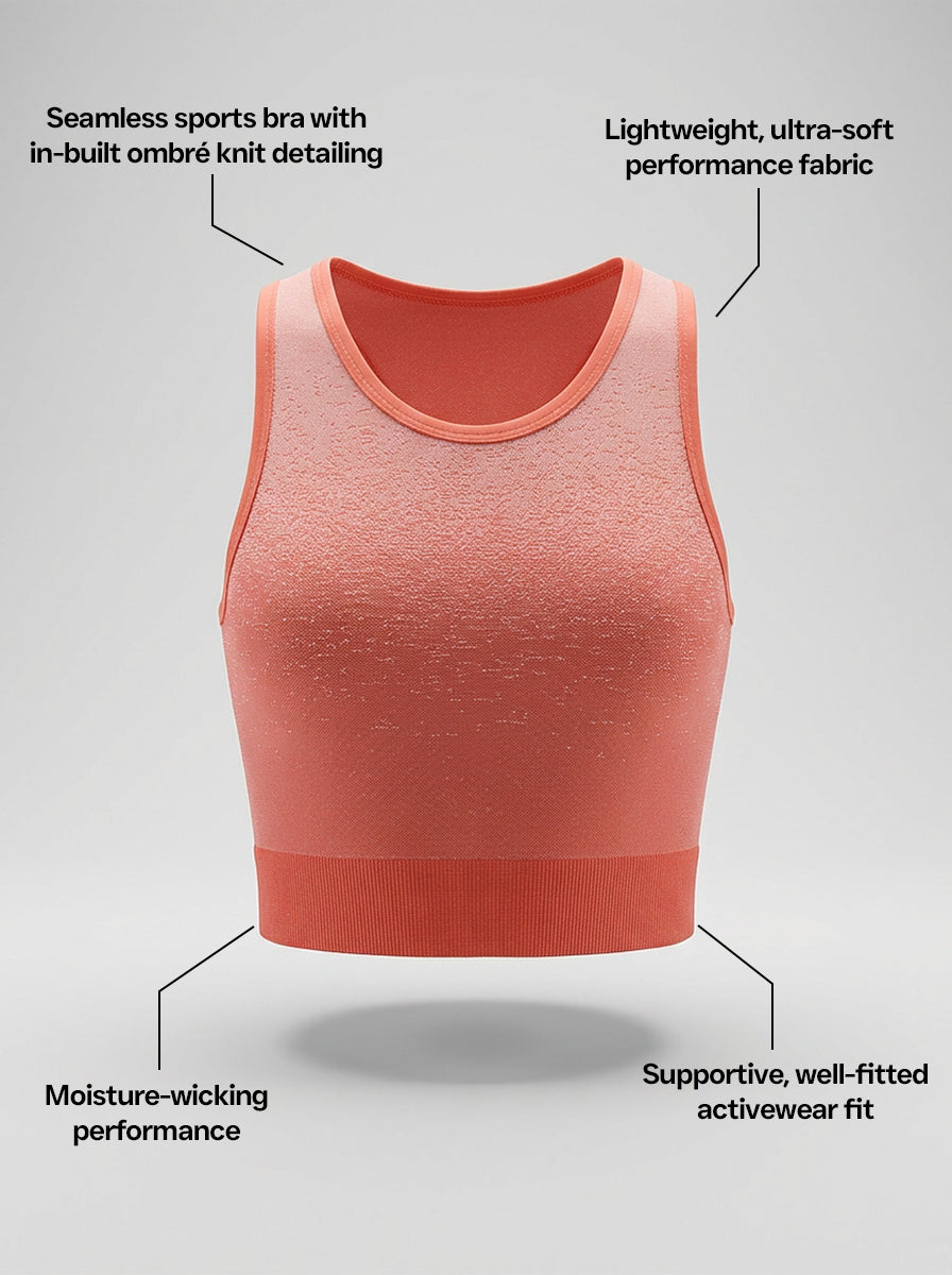 Orange sports bra with text highlighting features on a gray background