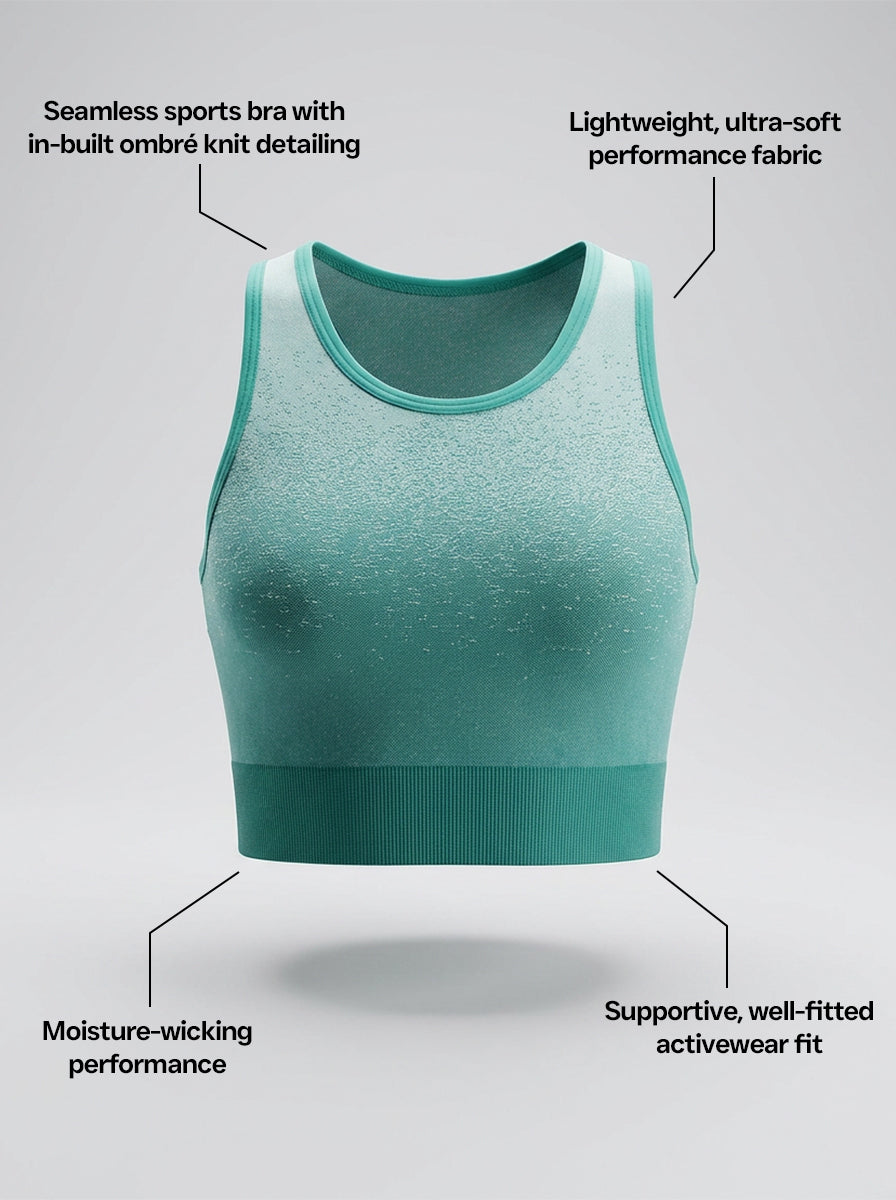 Green sports bra with text highlighting features on a gray background