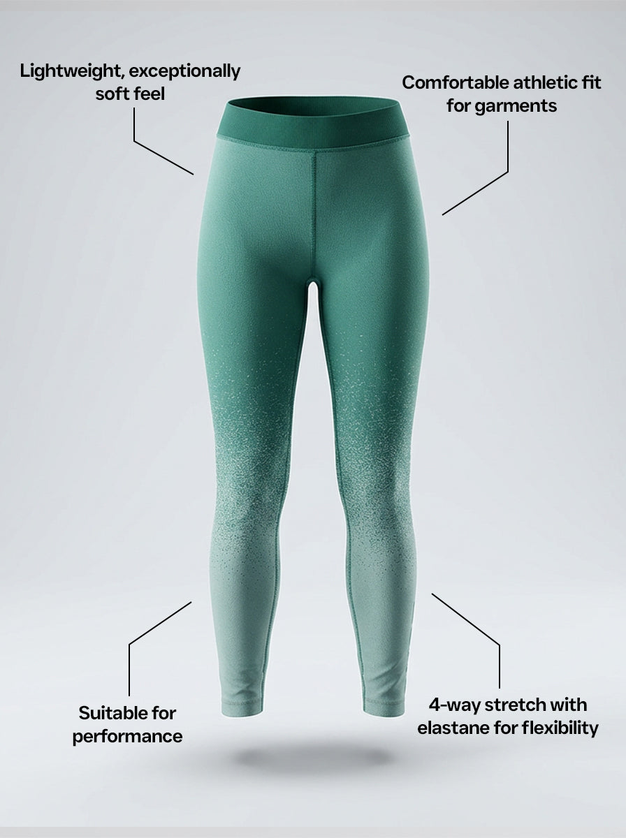 Green leggings with text describing features on a light gray background