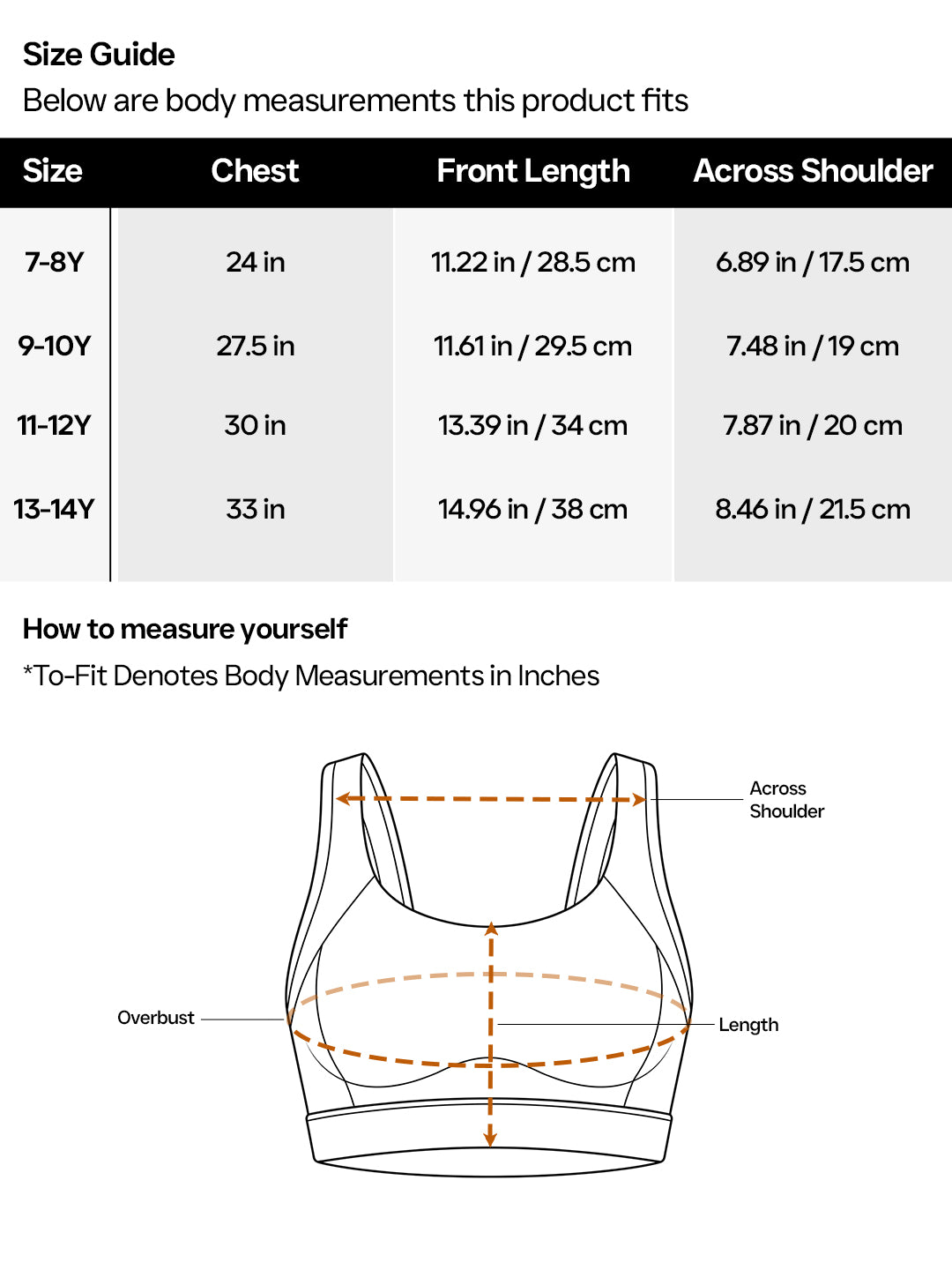 Size guide for a sports bra with measurements in inches