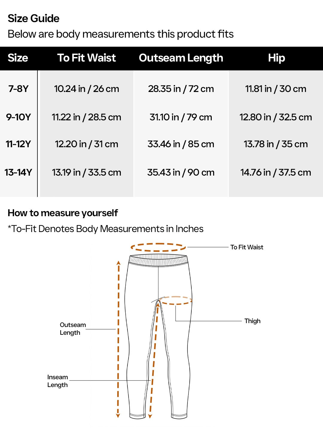 Size guide for children's leggings with measurements in inches and centimeters.
