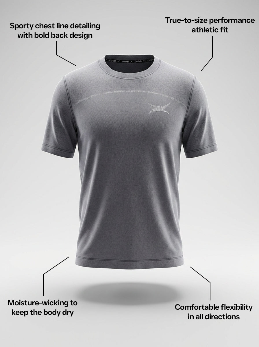 Gray sports t-shirt with features highlighted on a light gray background