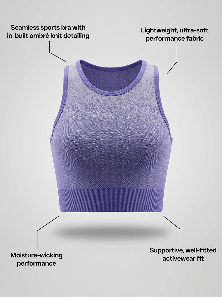Purple sports bra with text highlighting features on a gray background