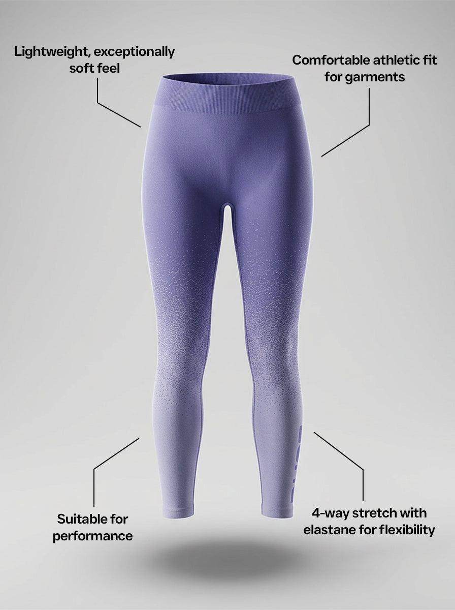 Purple leggings with text describing features on a gray background