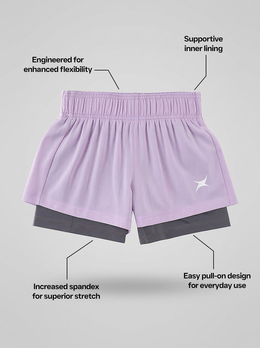 Purple sports shorts with text highlighting features on a gray background
