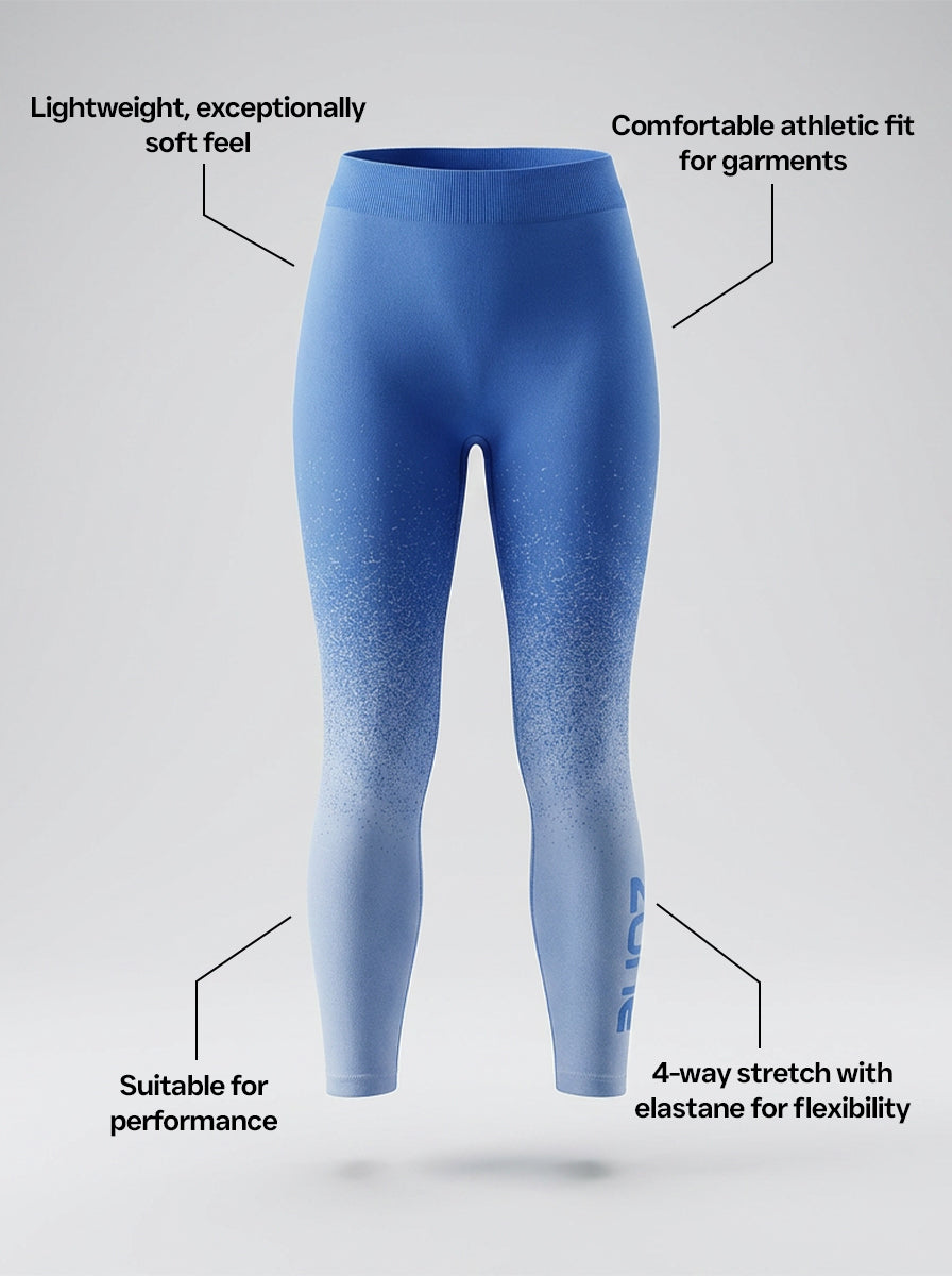 Blue gradient leggings with text highlighting features on a light gray background