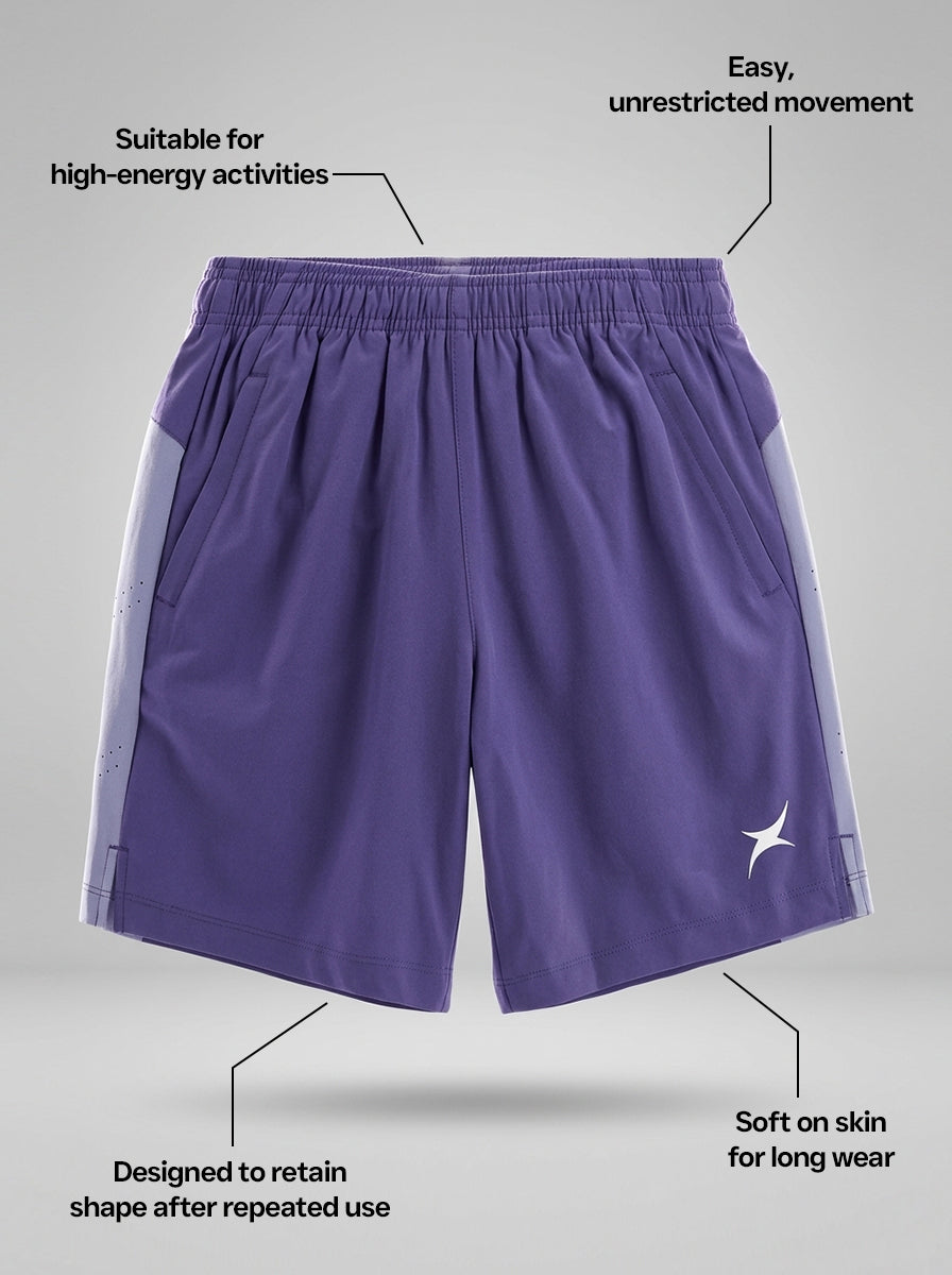 Purple sports shorts with text highlighting features on a gray background