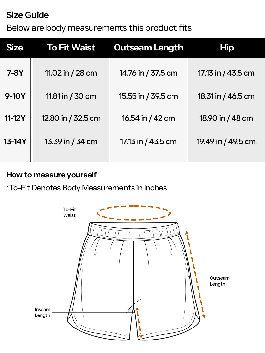 Size guide for children's shorts with measurements in inches and centimeters.