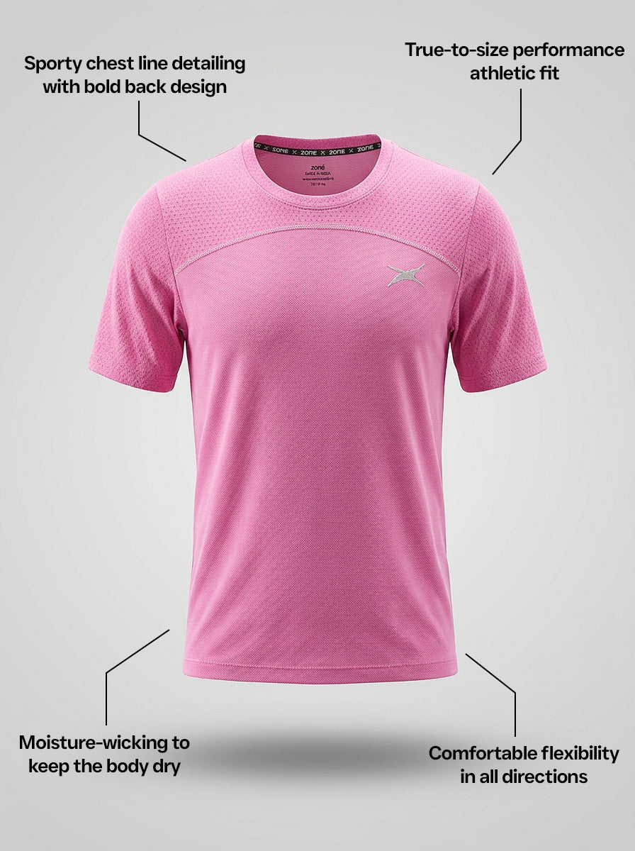 Pink sports shirt with text highlighting features on a gray background