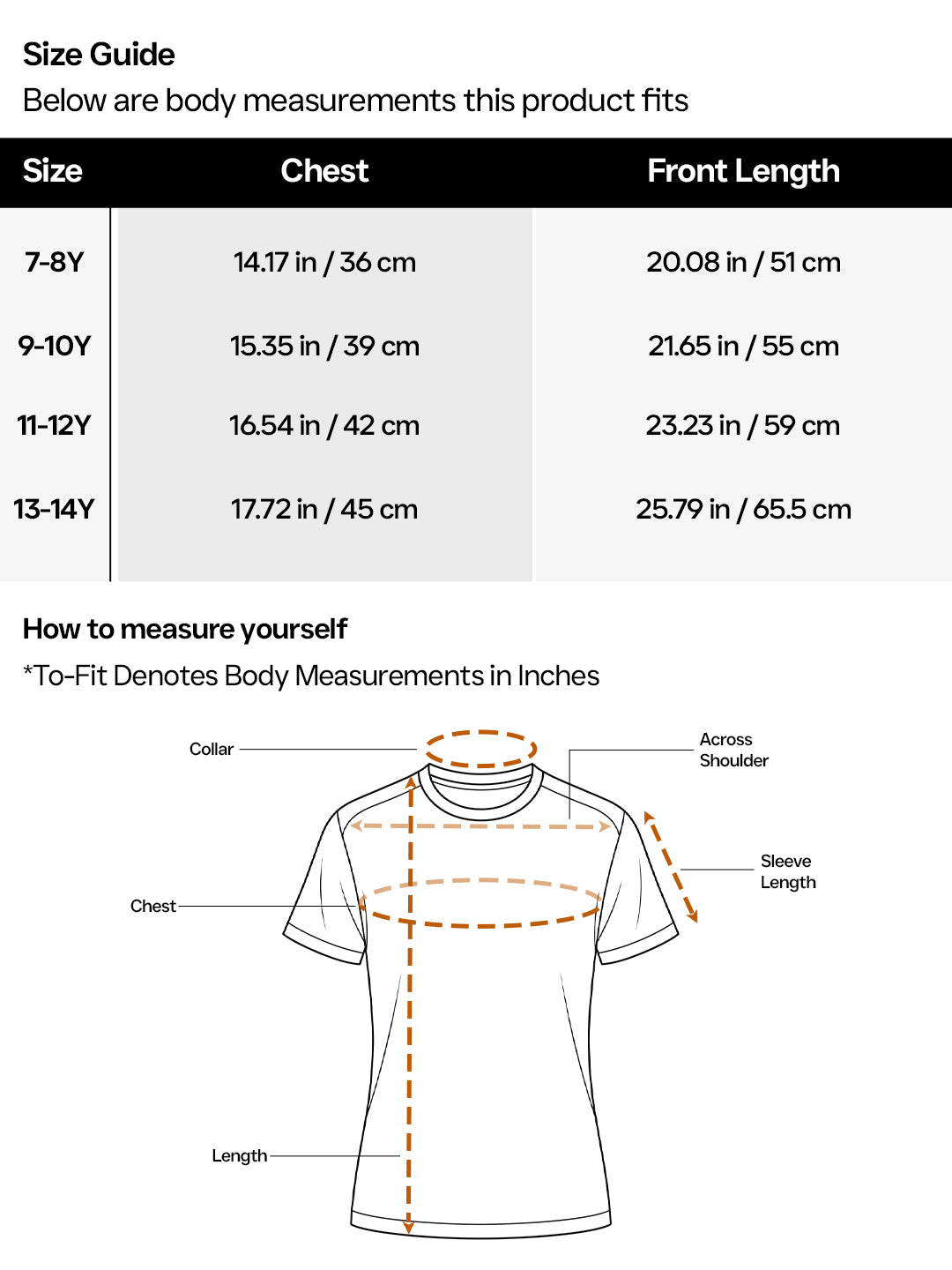 Size guide for a t-shirt with measurements in inches and centimeters