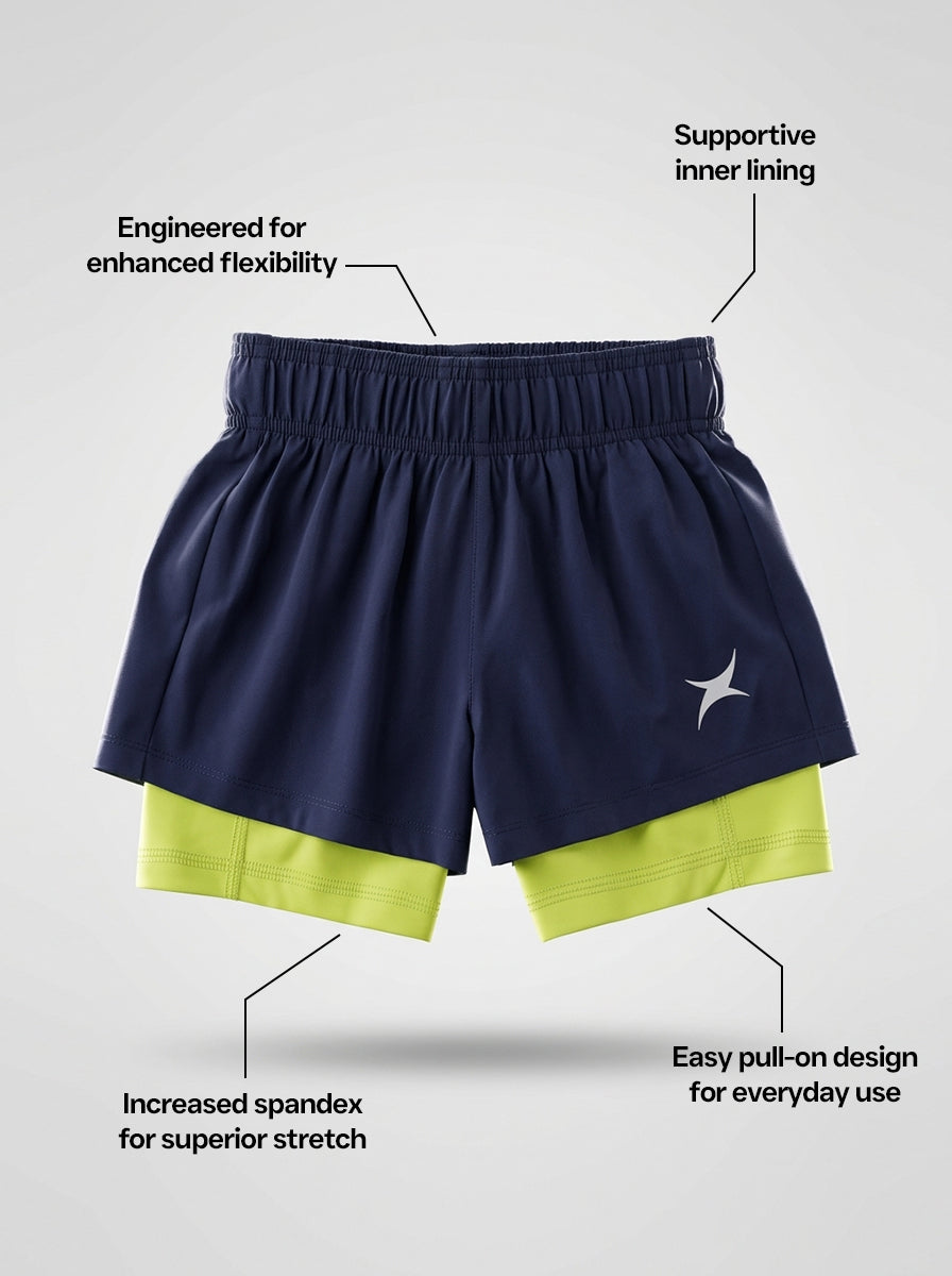 Navy and green shorts with text highlighting features on a light gray background