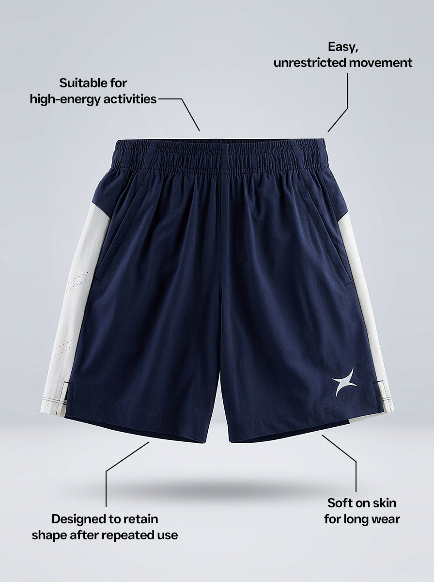 Navy sports shorts with white accents on a light gray background, featuring text on their benefits.