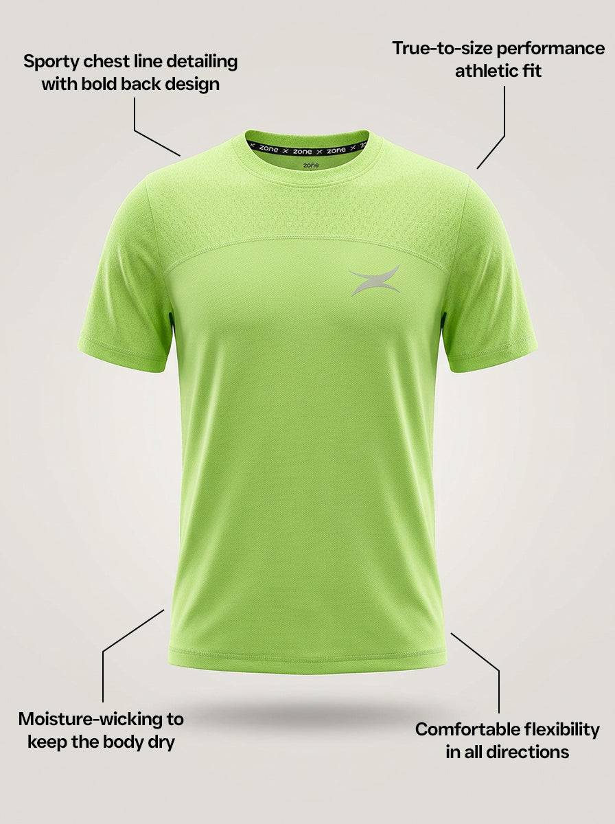 Green t-shirt with text highlighting features on a grey background