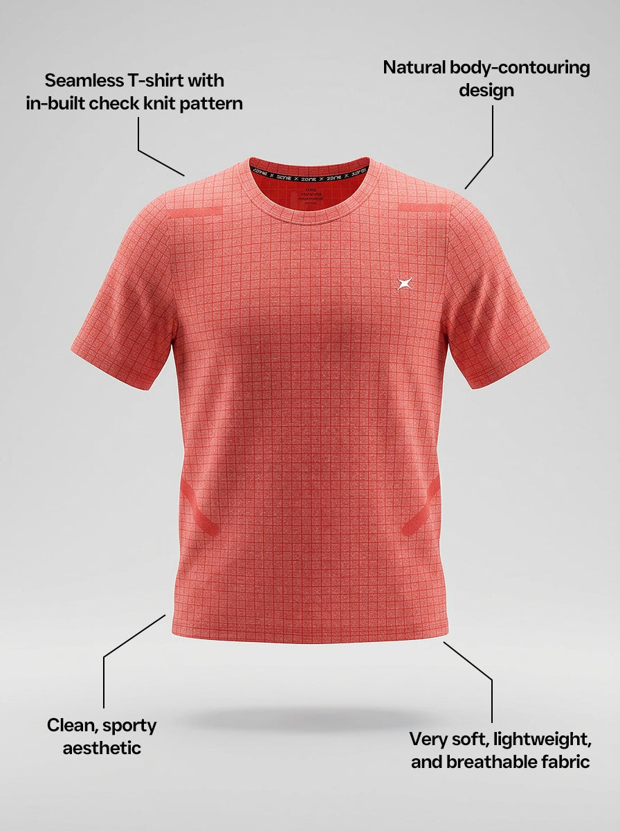 Orange t-shirt with text highlighting features on a gray background
