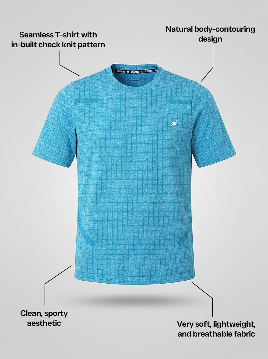 Blue t-shirt with text highlighting features on a gray background