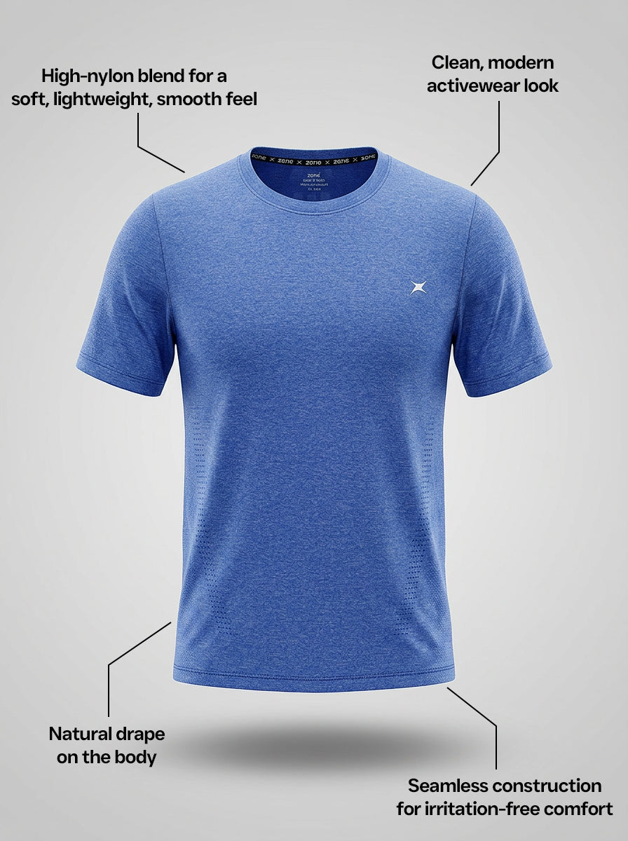 Blue t-shirt with text highlighting features on a gray background