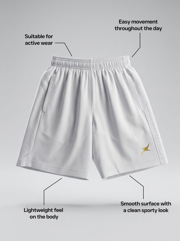 White sports shorts with text highlighting features on a gray background